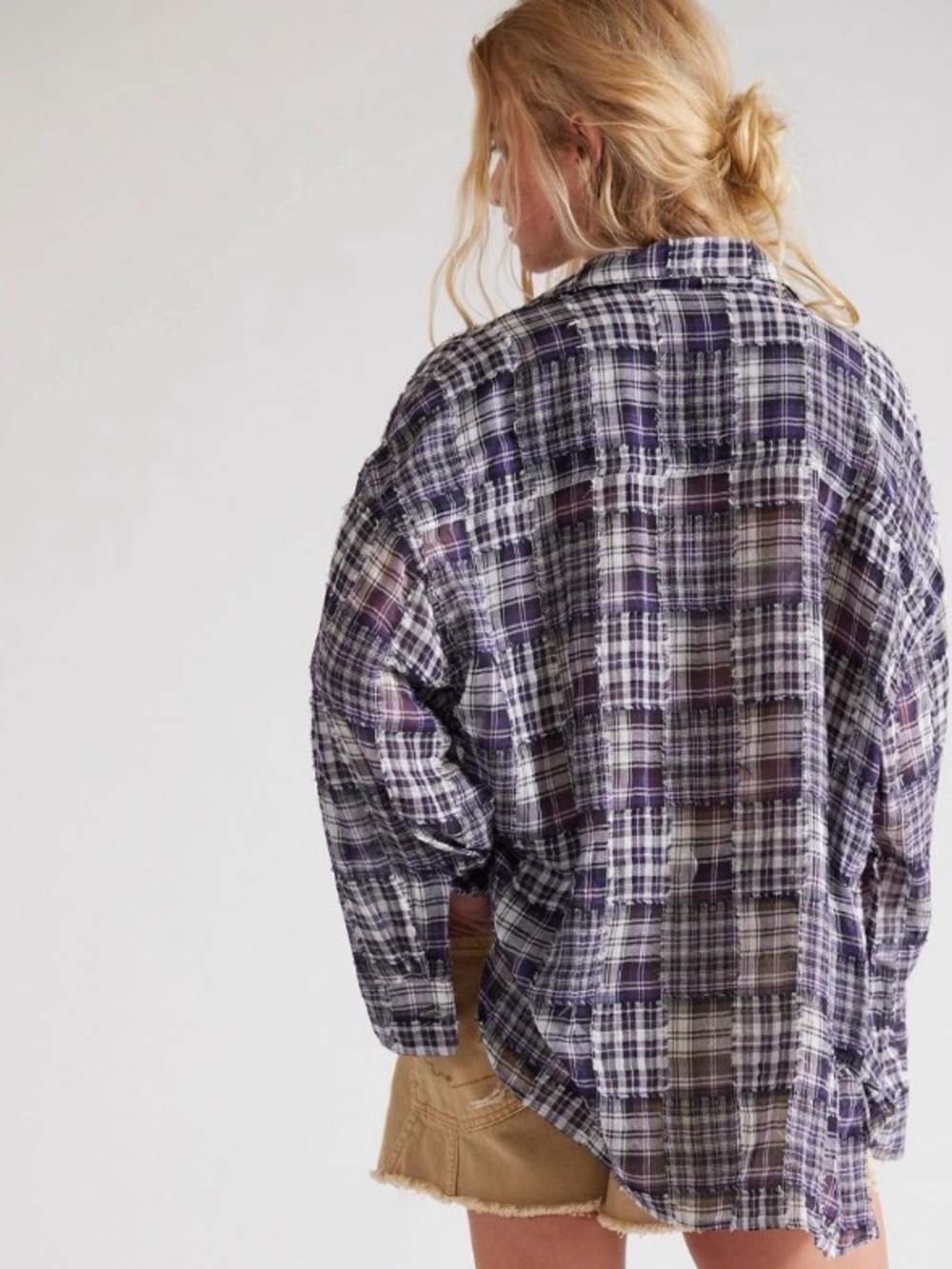 Free People The Tales Frayed Patchwork Check Shirt. NWT. Purple